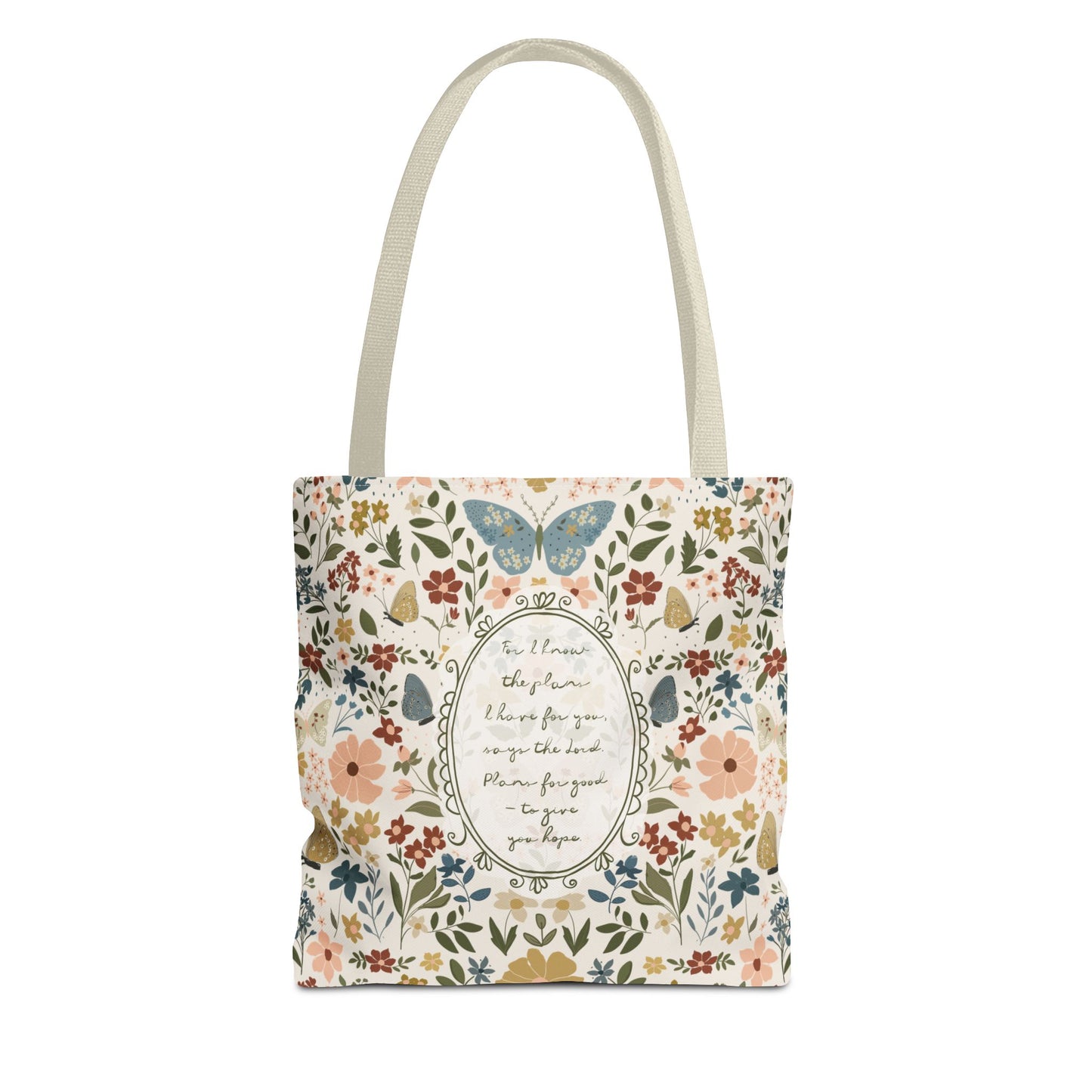 Floral Vintage Tote Bag — Handwritten Scripture & Butterflies | Jeremiah 29:11