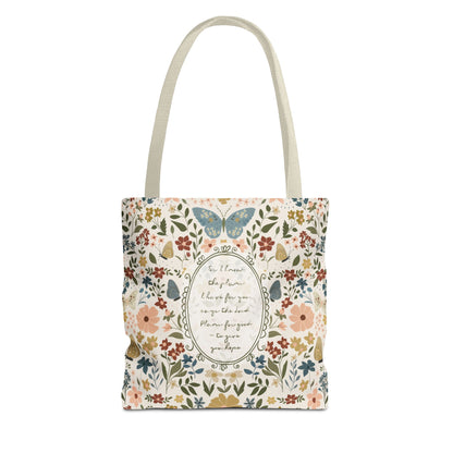 Floral Vintage Tote Bag — Handwritten Scripture & Butterflies | Jeremiah 29:11
