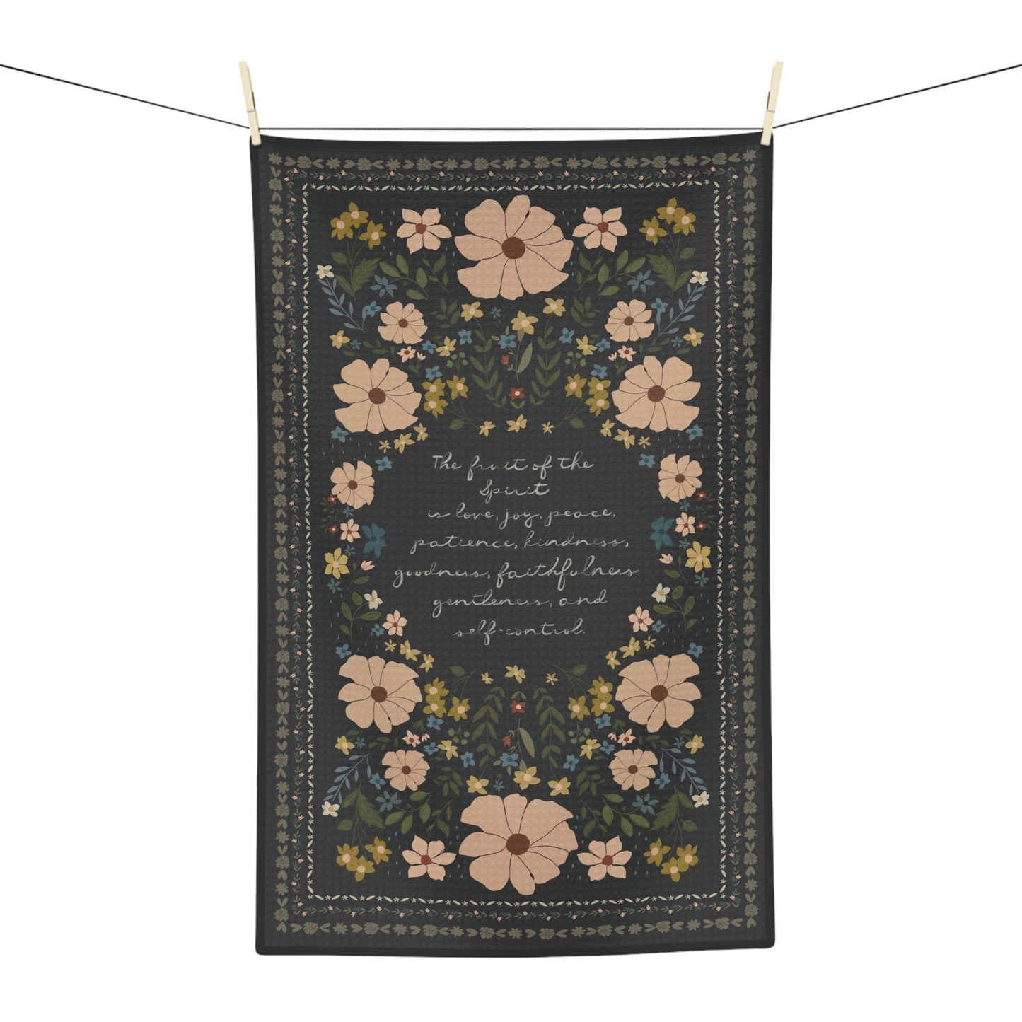 Floral Script Microfiber Tea Towel – Vintage Black Floral Kitchen Towel with Handwritten Scripture | Fruit of the Spirit