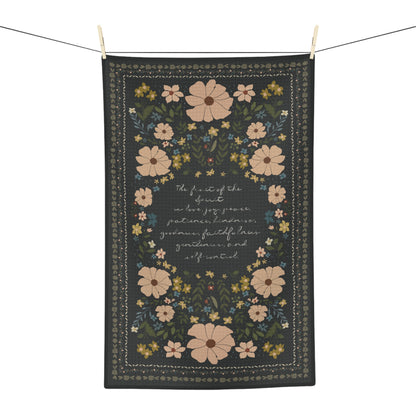 Floral Script Microfiber Tea Towel – Vintage Black Floral Kitchen Towel with Handwritten Scripture | Fruit of the Spirit