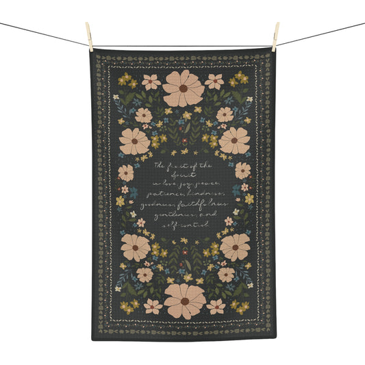 Floral Script Microfiber Tea Towel – Vintage Black Floral Kitchen Towel with Handwritten Scripture | Fruit of the Spirit