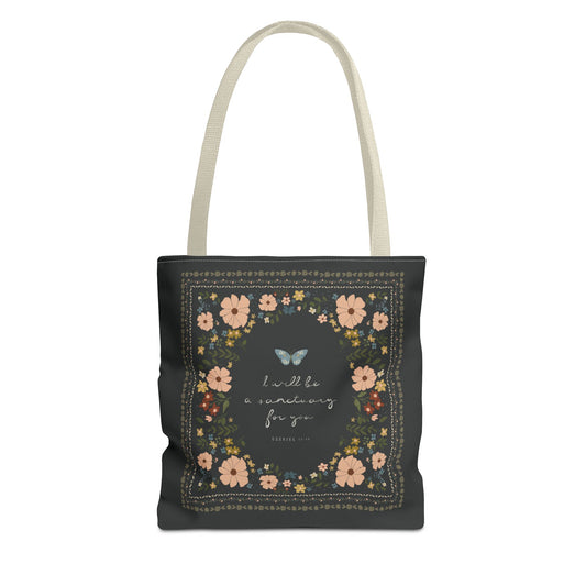 "I Will Be a Sanctuary" Floral Scripture Art | Tote Bag | Amylee Weeks