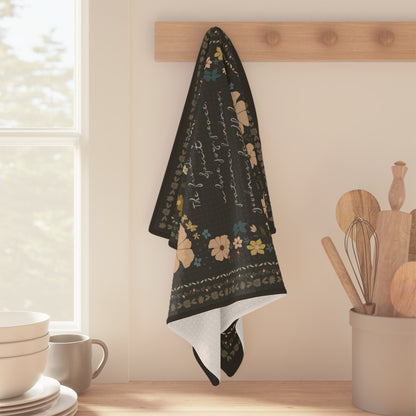 Floral Script Microfiber Tea Towel – Vintage Black Floral Kitchen Towel with Handwritten Scripture | Fruit of the Spirit