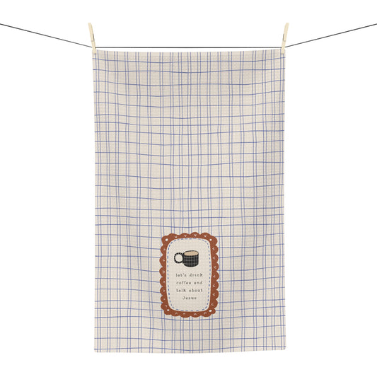 Let's Drink Coffee & Talk About Jesus | Coffee and Bible Pattern Tea Towel | Christian Scripture Kitchen Towel