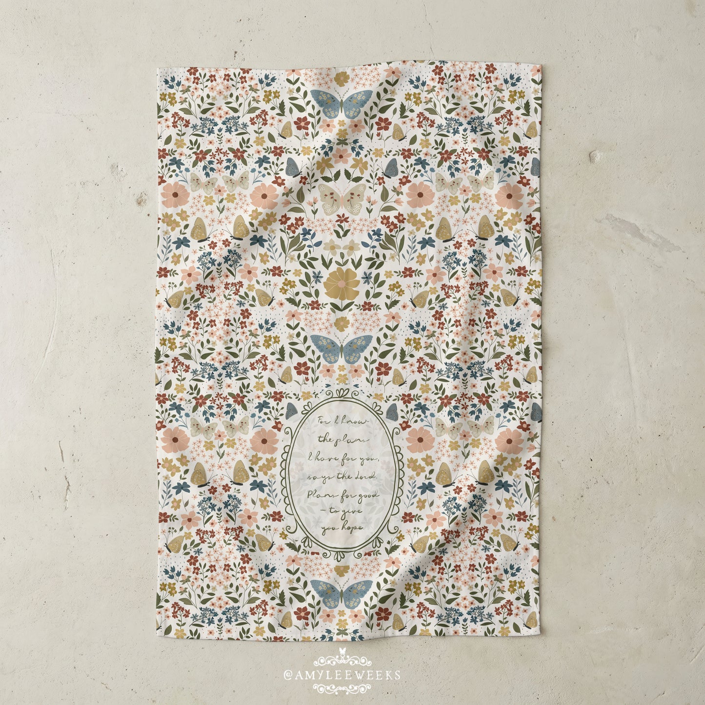 Floral Vintage Microfiber Tea Towel — Handwritten Scripture & Butterflies | Jeremiah 29:11