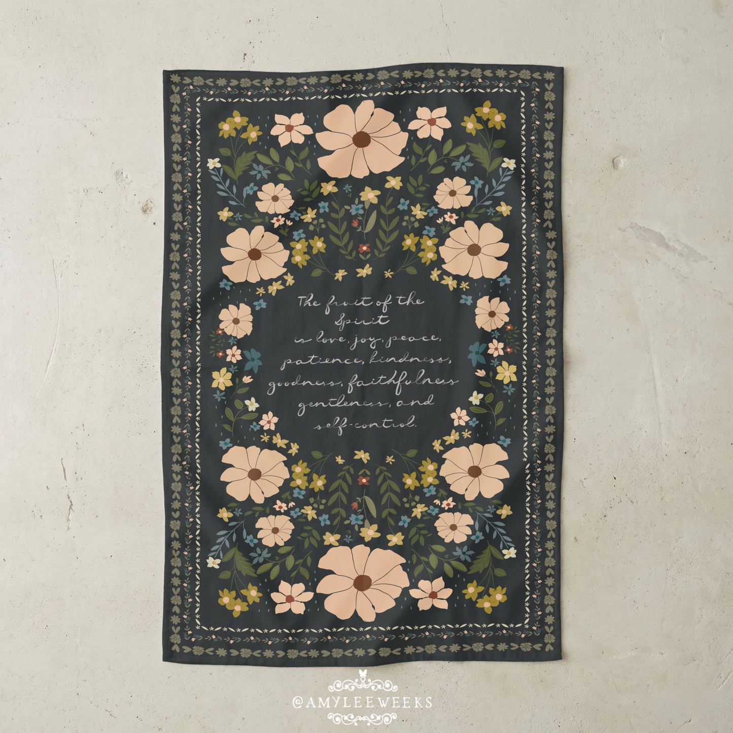 Floral Script Microfiber Tea Towel – Vintage Black Floral Kitchen Towel with Handwritten Scripture | Fruit of the Spirit