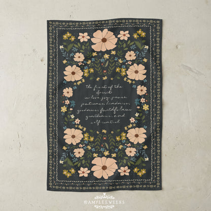 Floral Script Microfiber Tea Towel – Vintage Black Floral Kitchen Towel with Handwritten Scripture | Fruit of the Spirit