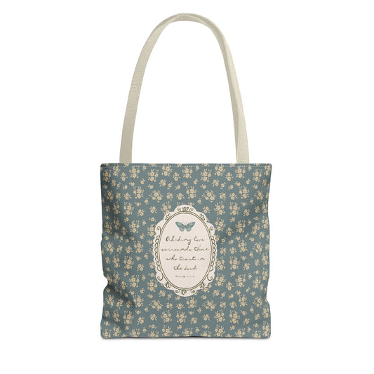"Abiding Love"— Floral Vintage Scripture Art | Tote Bag | Amylee Weeks
