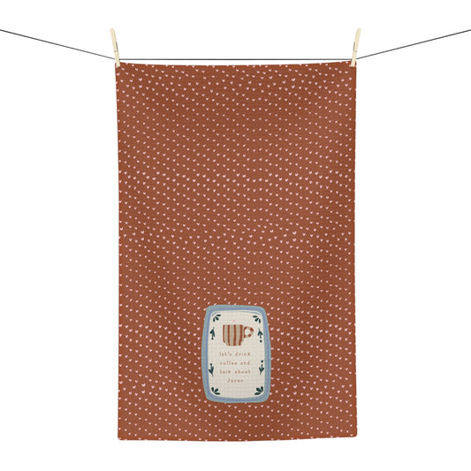 Let's Drink Coffee & Talk About Jesus | Coffee and Bible Pattern Tea Towel | Christian Scripture Kitchen Towel