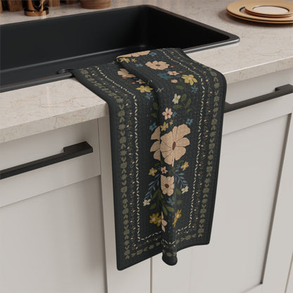 Floral Script Microfiber Tea Towel – Vintage Black Floral Kitchen Towel with Handwritten Scripture | Fruit of the Spirit
