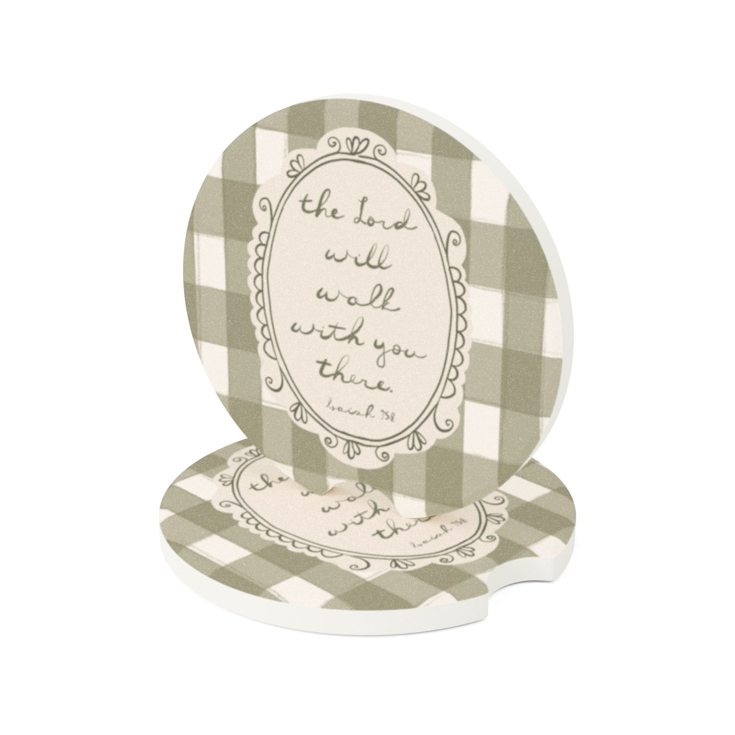 Sage Plaid Soapstone Car Coaster — “The Lord Will Walk With You There” | Your Heart's Sanctuary | Amylee Weeks