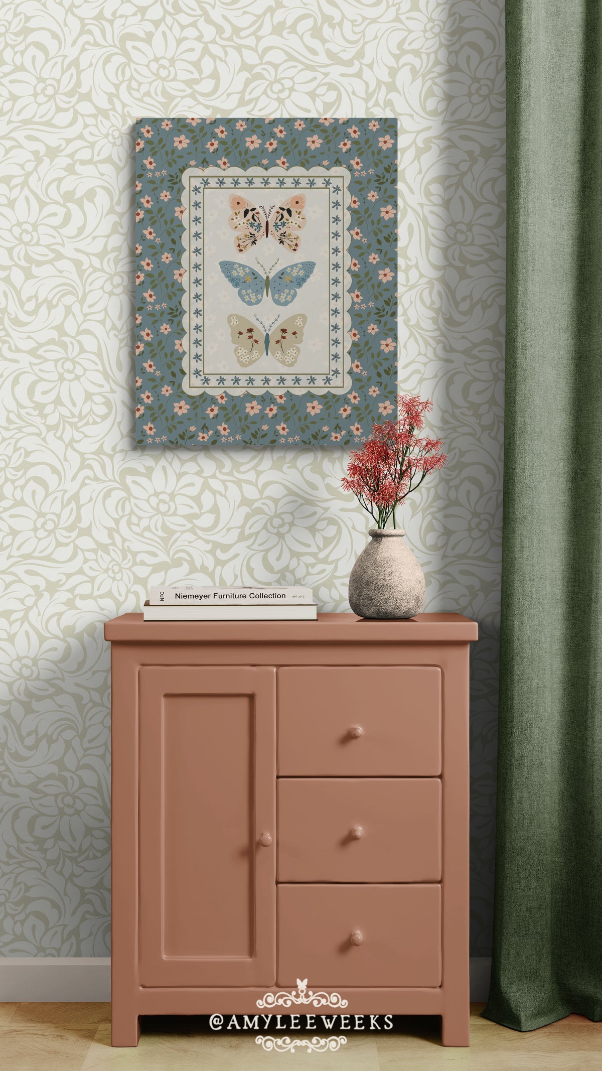 Folk-style nature art titled "Butterfly Floral" by Amylee Weeks, showcasing a subtle hand-drawn aesthetic and calm, washed blue-green color tones.