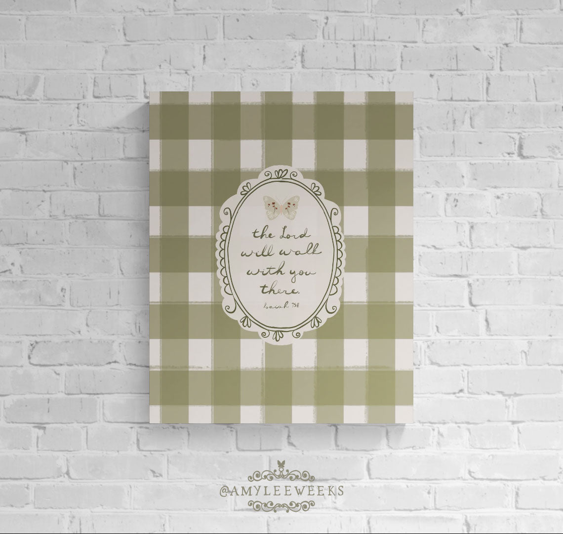 "The Lord Will Walk With You There" Christian wall art by Amylee Weeks, featuring an olive green and cream buffalo check pattern with a handwritten verse.