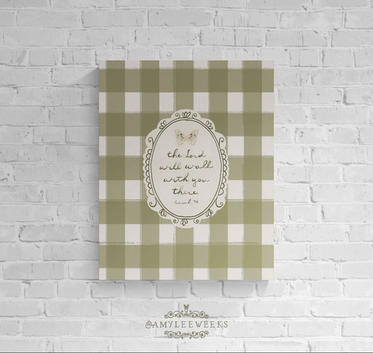 "The Lord Will Walk With You There" Christian wall art by Amylee Weeks, featuring an olive green and cream buffalo check pattern with a handwritten verse.