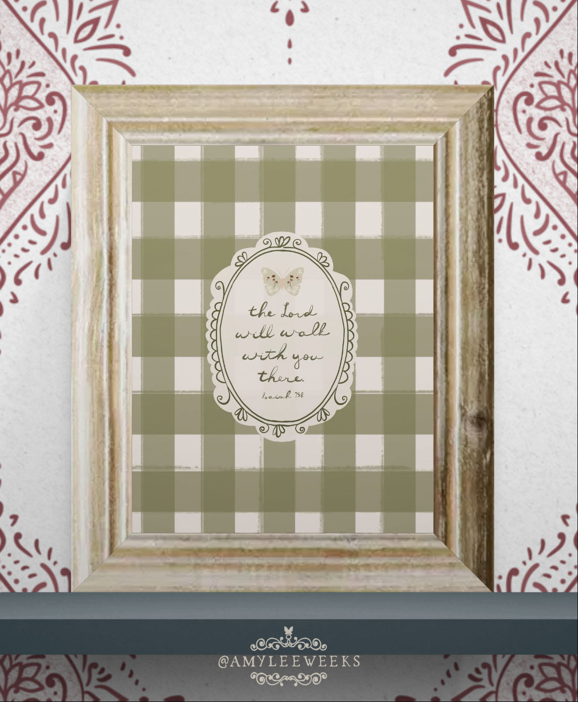 Framed "The Lord Will Walk With You There" vintage cottage art print, ideal as a comforting farmhouse nursery decoration or reading nook scripture art.