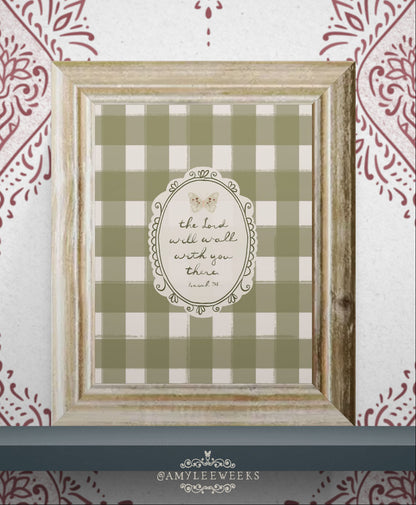 Framed "The Lord Will Walk With You There" vintage cottage art print, ideal as a comforting farmhouse nursery decoration or reading nook scripture art.