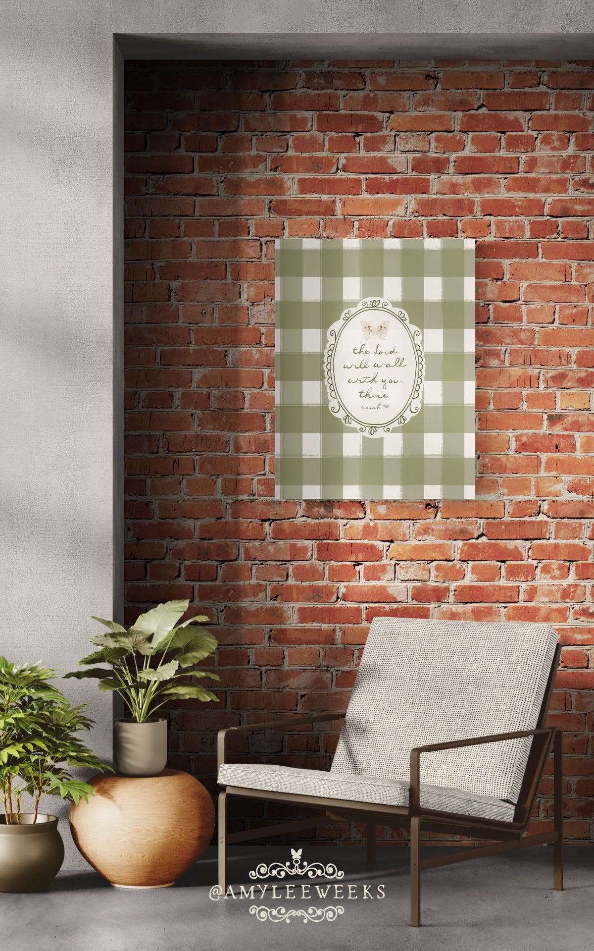 Amylee Weeks "The Lord Will Walk With You There" canvas scripture art from the Your Heart's Sanctuary collection, featuring relaxed farmhouse gingham styling.