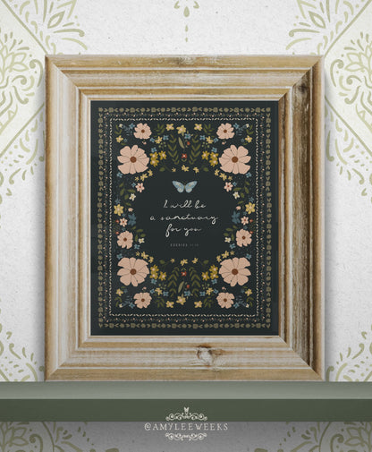 I Will Be a Sanctuary Wall Art — Floral Scripture Art | Amylee Weeks